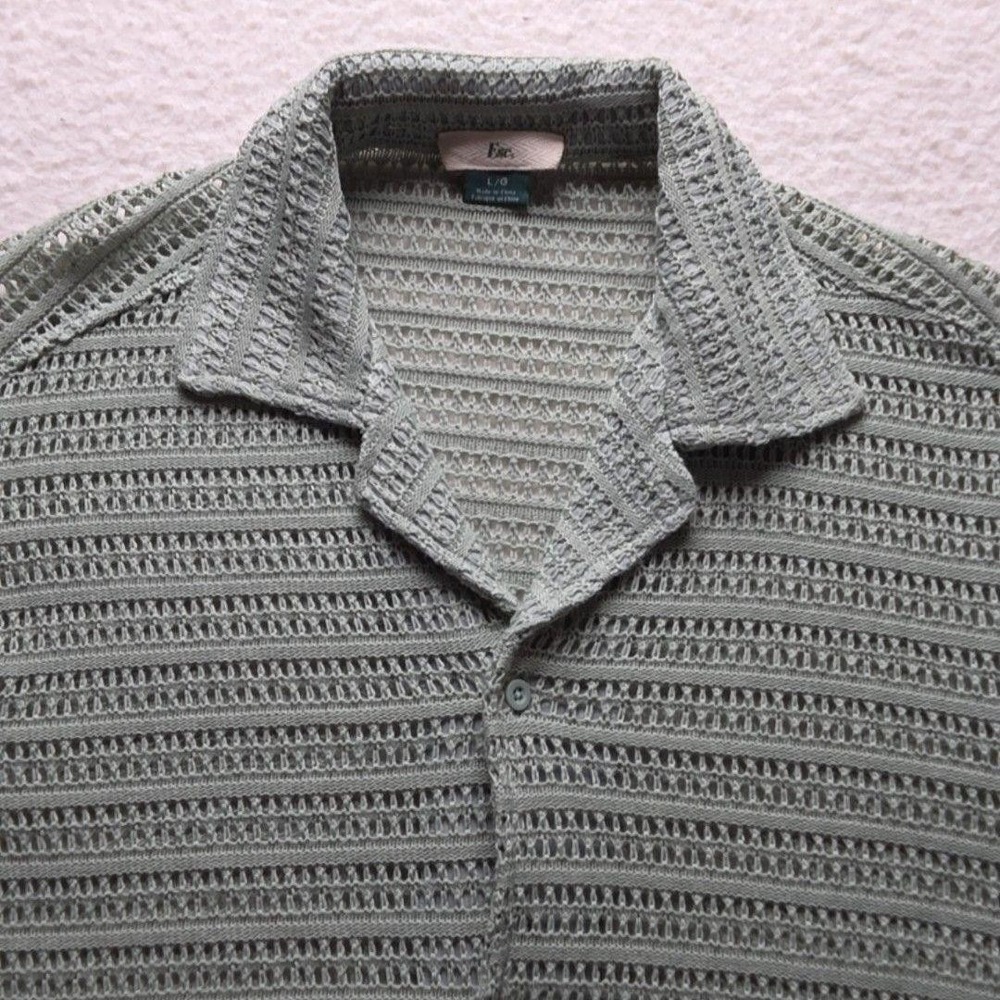 Esc Button Up Shirt Womens Large Green Collared Short Sleeve Sheer Crochet Top